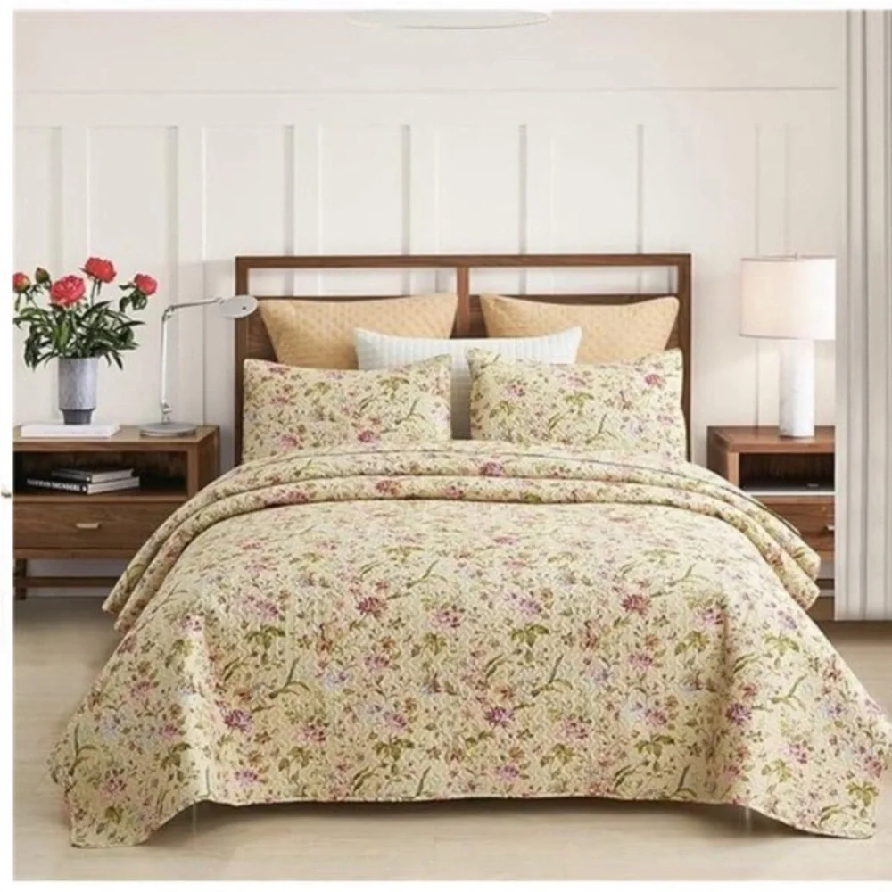 Floral Quilt Set Queen Size, Reversible Cotton Quilt Bedding Set